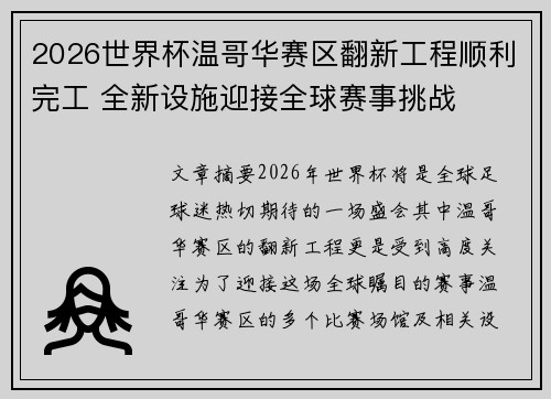2026世界杯温哥华赛区翻新工程顺利完工 全新设施迎接全球赛事挑战
