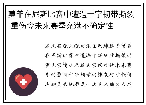 莫菲在尼斯比赛中遭遇十字韧带撕裂 重伤令未来赛季充满不确定性