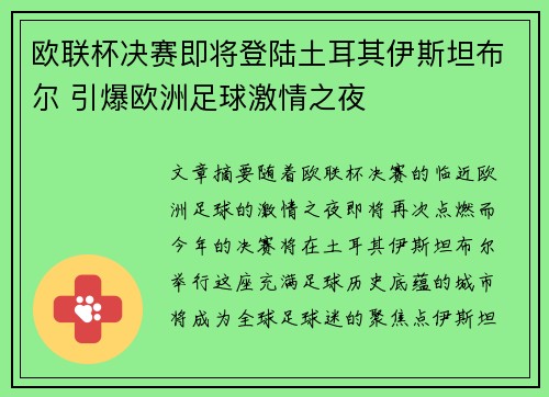 欧联杯决赛即将登陆土耳其伊斯坦布尔 引爆欧洲足球激情之夜