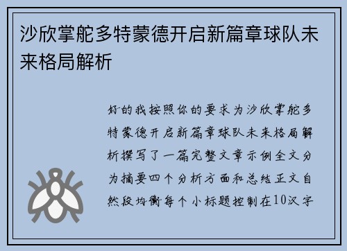 沙欣掌舵多特蒙德开启新篇章球队未来格局解析