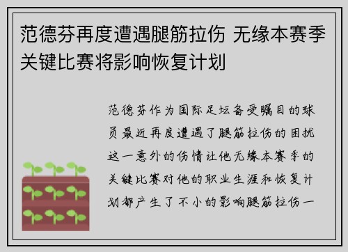 范德芬再度遭遇腿筋拉伤 无缘本赛季关键比赛将影响恢复计划